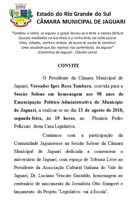 Convite para Sessão Solene em homenagem aos 98 anos do Município de Jaguari